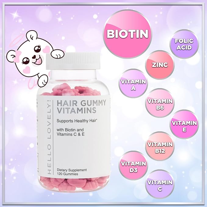 Hello Lovely! Hair Vitamins Gummy with Biotin 5000 mcg Vitamin E & C Support Hair Growth, Premium Vegetarian Non-GMO, for Stronger Beautiful Hair, Skin & Nails Supplement - 120 Bear Gummies