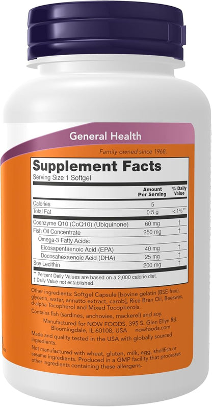 NOW Foods Supplements, CoQ10 60 mg with Omega 3 Fish Oil, Cardiovascular Health*, 120 Softgels
