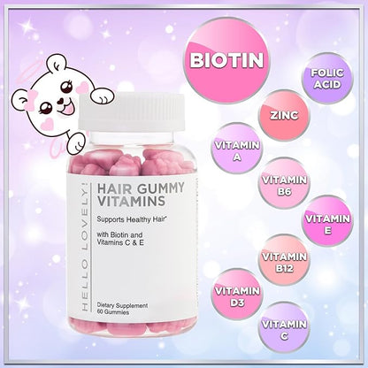 Hello Lovely! Hair Vitamins Gummy with Biotin 5000 mcg Vitamin E & C Support Hair Growth, Premium Vegetarian Non-GMO, for Stronger Beautiful Hair, Skin & Nails Supplement - 60 Bear Gummies