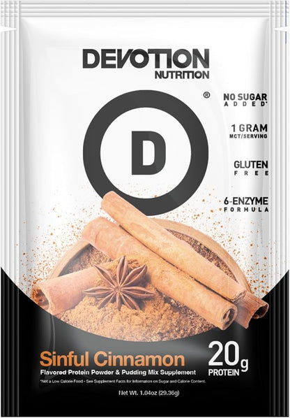 Devotion Nutrition Protein Powder Blend | Gluten Free, Keto Friendly, No Added Sugars | 1g MCT | 20g Whey & Micellar Protein | 12 Count Packets (Sinful Cinnamon)