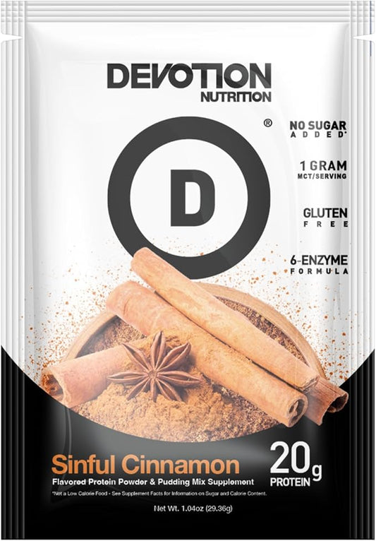 Devotion Nutrition Protein Powder Blend | Gluten Free, Keto Friendly, No Added Sugars | 1g MCT | 20g Whey & Micellar Protein | 12 Count Packets (Sinful Cinnamon)
