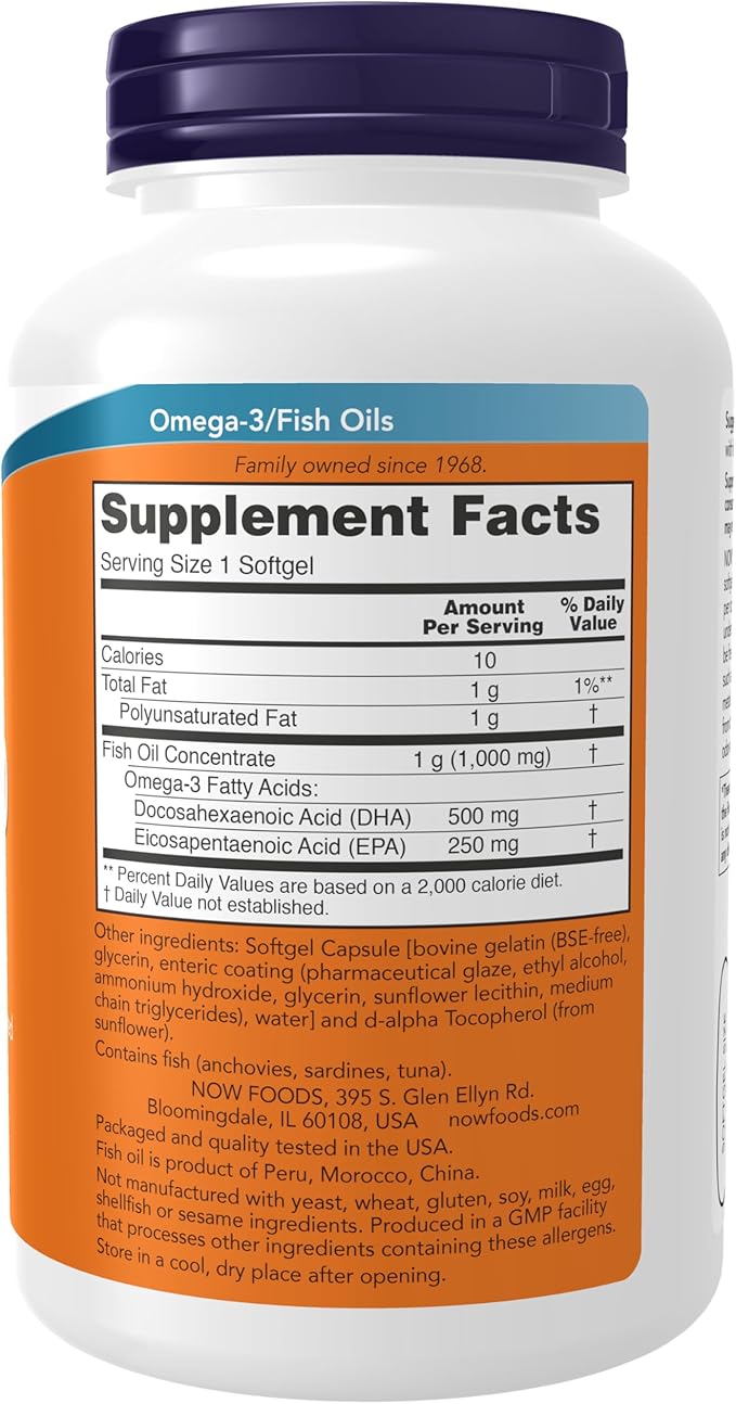 NOW Foods Supplements, DHA-500 with 250 EPA, Molecularly Distilled, Supports Brain Health*, 180 Softgels