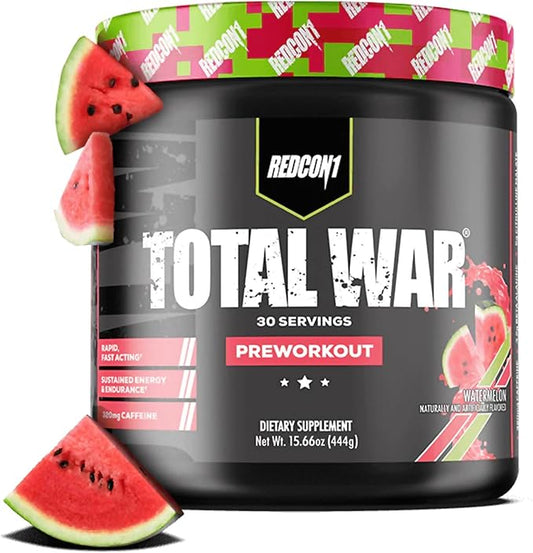 REDCON1 Total War Pre Workout - L Citrulline, Malic Acid, Green Tea Leaf Extract for Pump Boosting Pre Workout for Women & Men - 3.2g Beta Alanine to Reduce Exhaustion, Watermelon 30 Servings