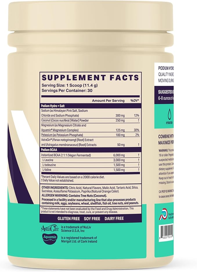 Podium Nutrition, Instantized BCAA Powder, Hydro and Salt, Mango Peach, 30 Servings, Electrolytes, Hydration, Recovery