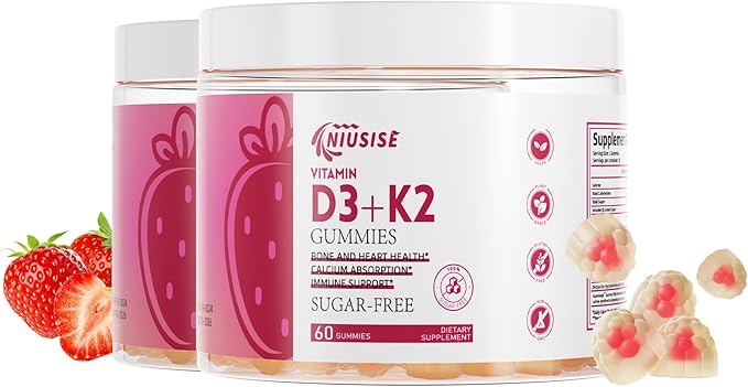 Vitamin D3 + K2 Sugar Free Gummies, 10000 IU Vitamin D3 + 250 mcg Vitamin K2, Supports Bone & Heart Health for Adults, Promotes Calcium Absorption & Immune Health, Non-GMO, 120Gummies