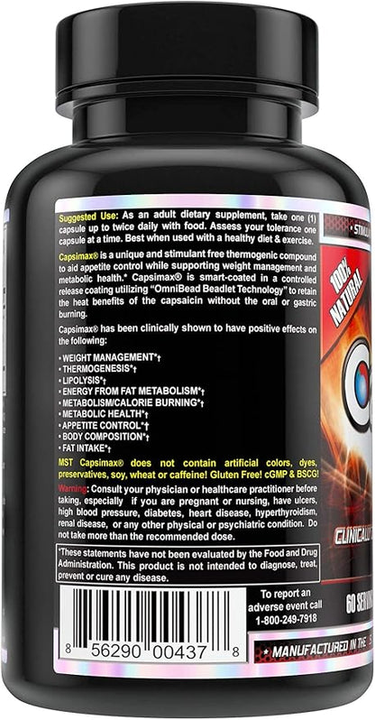 MST Capsimax Supplement 100mg V Capsules, 60 Servings Clinically Dosed Weight Management, Thermogenic, Appetite Control, Calorie Burning, Metabolic Health, Stimulant Free. BSCG Certified