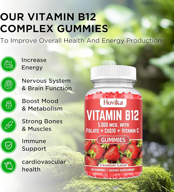 Vitamin B12 Complex 5000 mcg Methyl B12, Adenosyl B12 & Hydroxy B12, with Coenzyme Q10, Folate, Vitamin C, Chewable B 12 for Energy Support, Metabolism, Bone Health - Strawberry Flavor, 2 Pack