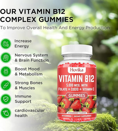 Vitamin B12 Complex 5000 mcg Methyl B12, Adenosyl B12 & Hydroxy B12, with Coenzyme Q10, Folate, Vitamin C, Chewable B 12 for Energy Support, Metabolism, Bone Health - Strawberry Flavor, 2 Pack
