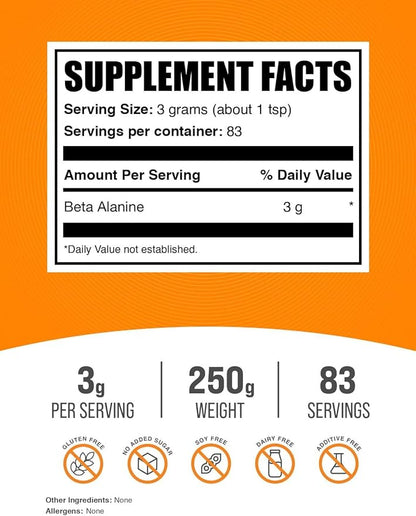 BulkSupplements.com Beta Alanine Powder - Beta Alanine Supplement, Beta Alanine Pre Workout, Beta Alanine 3000mg - Unflavored & Gluten Free, 3g per Serving, 250g (8.8 oz) (Pack of 1)
