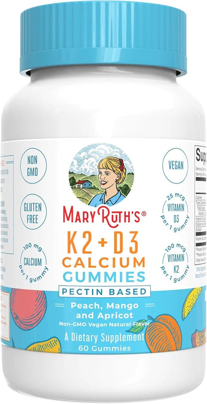 MaryRuth Organics Calcium with Vitamin D & Vitamin K2, 2 Month Supply, Calcium Supplement Supports Bone Health & Joint Support, with Vitamins D3 K2 Gummies, Vegan, Non-GMO, Gluten Free, 60 Count