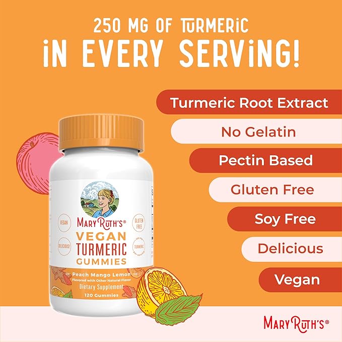 MaryRuth Organics Turmeric Gummies | Organic Turmeric Curcumin Extract | Chewable Turmeric Supplement | Vegan | Non-GMO | Gluten Free | Peach | Mango & Lemon Flavor | 250 mg per Serving | 120 Count