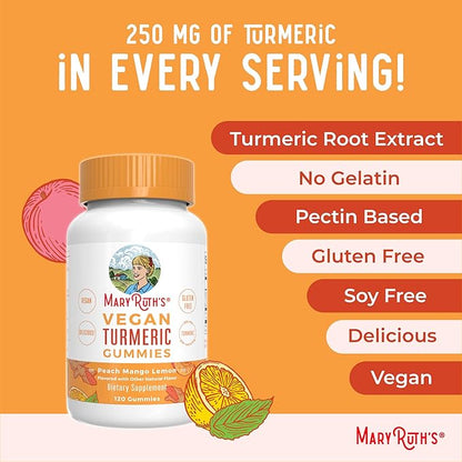 MaryRuth Organics Turmeric Gummies | Organic Turmeric Curcumin Extract | Chewable Turmeric Supplement | Vegan | Non-GMO | Gluten Free | Peach | Mango & Lemon Flavor | 250 mg per Serving | 120 Count
