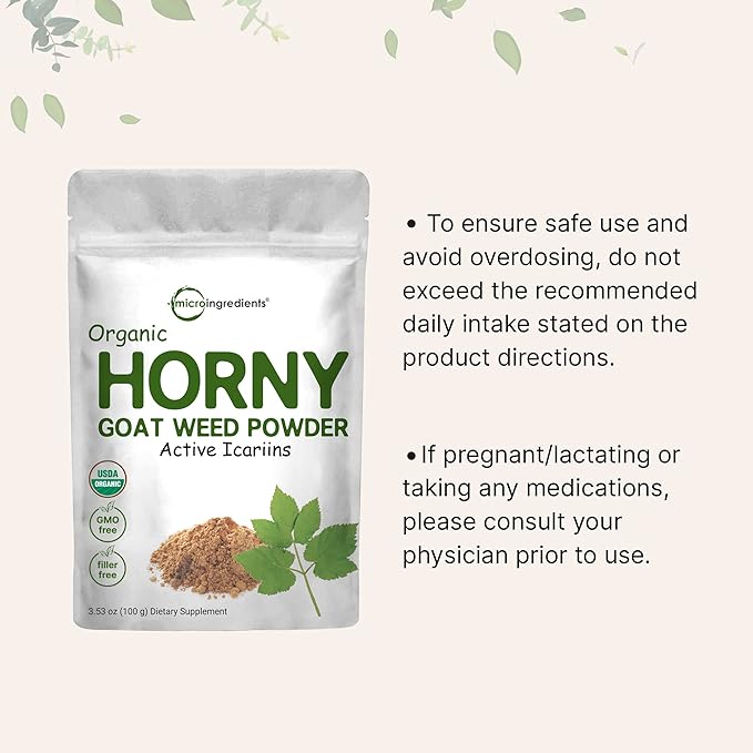 Maximum Strength Organic Pure Horny Goat Weed with Active Icariins for Men and Women, 100 Grams, Organic Epimedium Powder for Energy and Immune System Booster, Filler Free and Vegan Friendly
