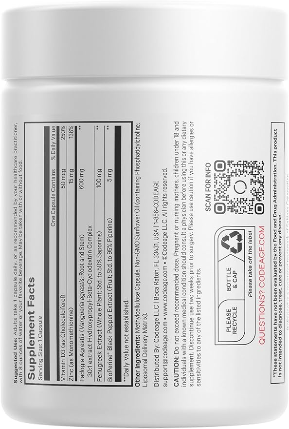 Codeage Liposomal Fadogia Agrestis 600mg Supplement - Fadogia Agrestis 30:1 Extract, Vitamin D3, Zinc, Fenugreek, BioPerine Black Pepper - 2-Month Supply - Liposomal Delivery - Non-GMO, 60 Capsules