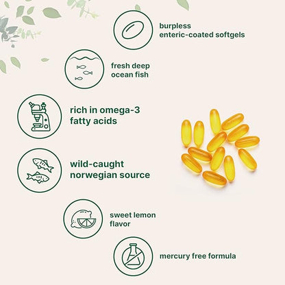 Omega 3 Fish Oil DHA Supplements 1000mg with EPA 500mg, 200 Softgels – Lemon Flavored, Burpless (Enteric Coated) | Deep Sea Fresh Fish, Wild Caught from Norwegian Waters | Mercury Free