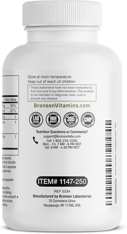 Bronson L-Lysine Defense Immune Support Complex 1500 MG L-Lysine Plus Olive Leaf, Garlic, Vitamin C and Zinc - Non-GMO, 250 Vegetarian Capsules