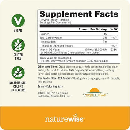 NatureWise Vitamin D3 5000 IU Gummies - Mixed Berry Flavor - Vegan D from Lichen, Pectin Based, Immune Support for Adults, Muscle & Bone Strength - Gluten Free, Non-GMO - 90 Count[45-Day Supply]