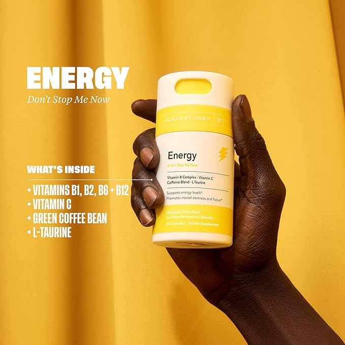 Health by Habit Energy Supplement 2 Pack (120 Capsules) - Natual Caffeine Blend, Vitamins B & C, Supports Energy Levels, Promotes Mental Alertness and Focus, Vegan, Non-GMO, Sugar Free (2 Pack)