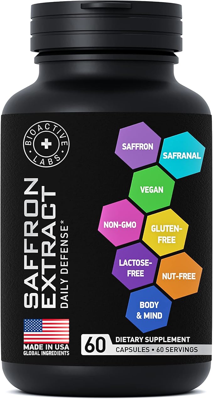 Optimized Saffron Supplements - 88.5mg Pure Saffron Extract for Mood Support, Focus, Energy - Happy Saffron Plus Crocin, Crocetin, Kaempferol - Gluten-Free, Non-GMO - 1-a-Day 60 Vegan Saffron Capsules