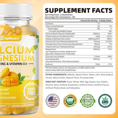 Calcium Magnesium Zinc with Vitamin D3 Supplement, Sugar Free Calcium Gummies for Women Men, High Absorption Zinc Gummies for Bone & Muscle & Immune Health, Vegan Mango Flavor - 120 Count
