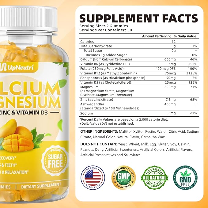 Calcium Magnesium Zinc with Vitamin D3 Supplement, Sugar Free Calcium Gummies for Women Men, High Absorption Zinc Gummies for Bone & Muscle & Immune Health, Vegan Mango Flavor - 60 Count