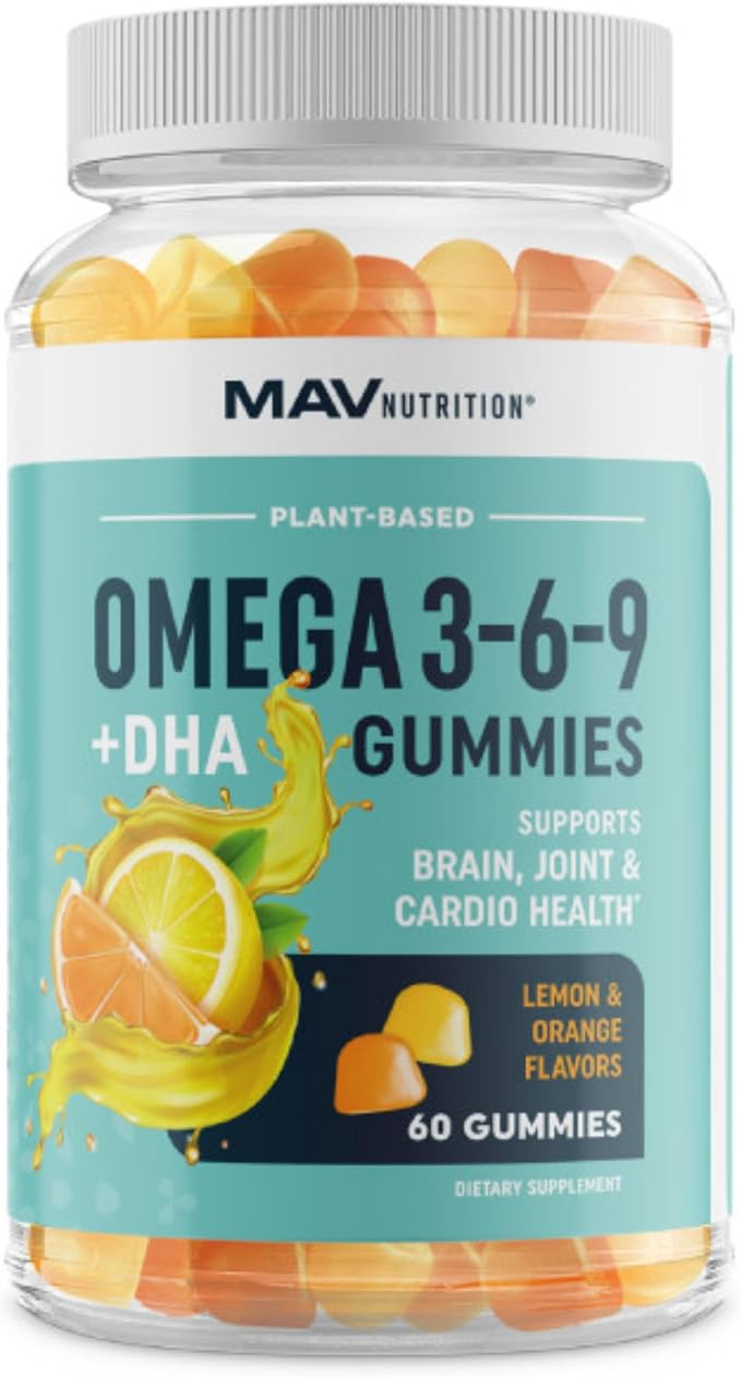 Omega 3 6 9 + DHA Gummies | Plant-Based Triple Omegas from Algae & Chia Seed Oil | with 50mg of DHA | Vegetarian, Non-GMO, Gluten-Free, Essential Fatty Acid Supplements for Adults | 60 Gummies