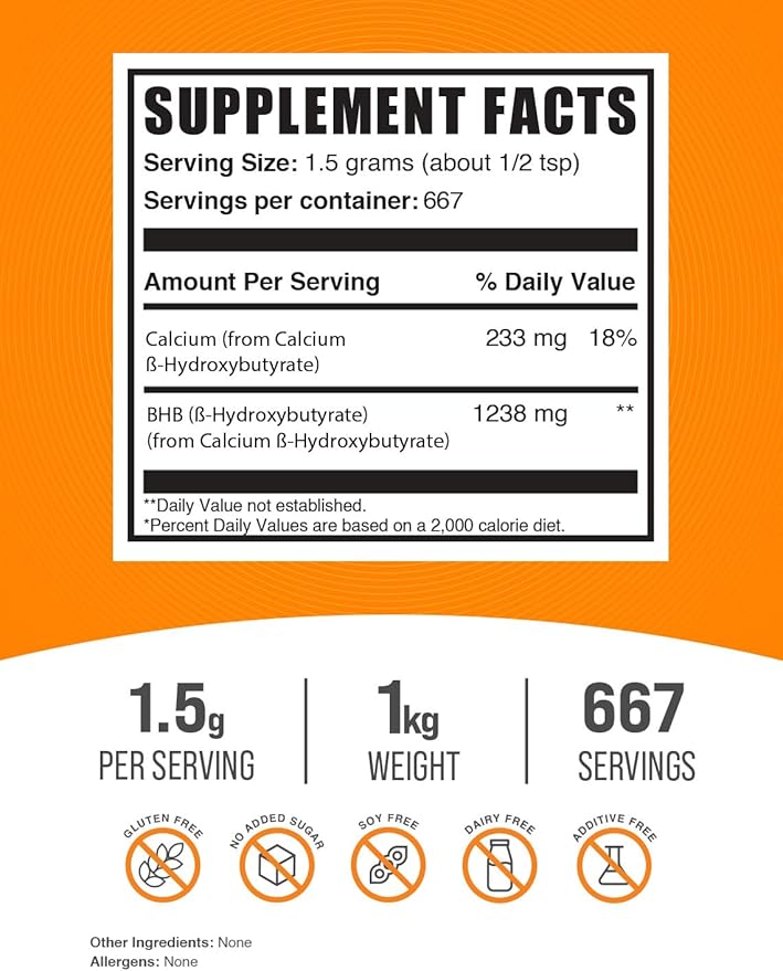 BulkSupplements.com Calcium BHB Powder - Beta-HydroxyButyrate Powder, BHB Supplement - BHB Salts, Electrolytes Supplement - Unflavored, 1500mg per Serving, 1kg (2.2 lbs) (Pack of 1)