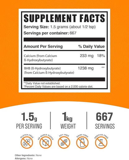BulkSupplements.com Calcium BHB Powder - Beta-HydroxyButyrate Powder, BHB Supplement - BHB Salts, Electrolytes Supplement - Unflavored, 1500mg per Serving, 1kg (2.2 lbs) (Pack of 1)