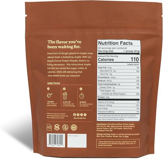 ProDough Gourmet Whey Isolate Hydrolized Protein Powder for Shake Mix- Easy Digest Enzyme Blend, 25g Protein per Serving, Natural Ingredients, Gluten Free, Keto Friendly (Maple Donut)