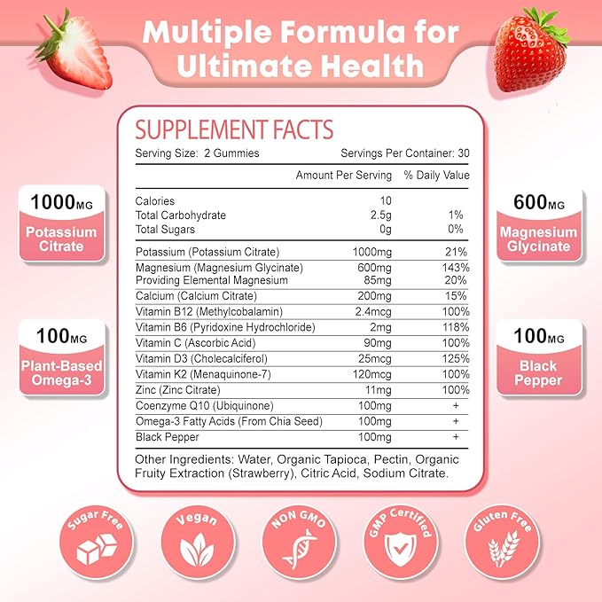 Potassium Magnesium Supplement Gummies for Adults Kids, Magnesium Glycinate Gummies 600mg & Potassium Citrate 1000mg, Plus Multivitamin, Omega-3 & Black Pepper, Leg Cramps, Muscle & Heart Health, 60ct
