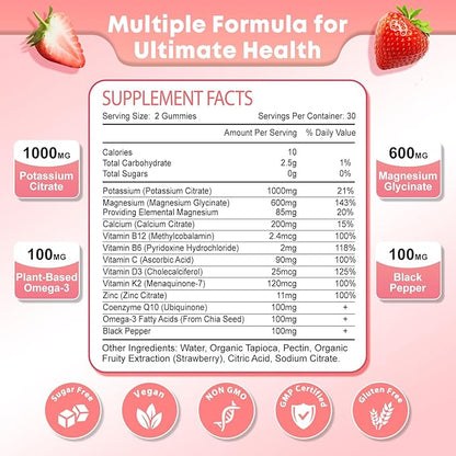 Potassium Magnesium Supplement Gummies for Adults Kids, Magnesium Glycinate Gummies 600mg & Potassium Citrate 1000mg, Plus Multivitamin,Omega-3 & Black Pepper, Leg Cramps, Muscle & Heart Health, 120ct