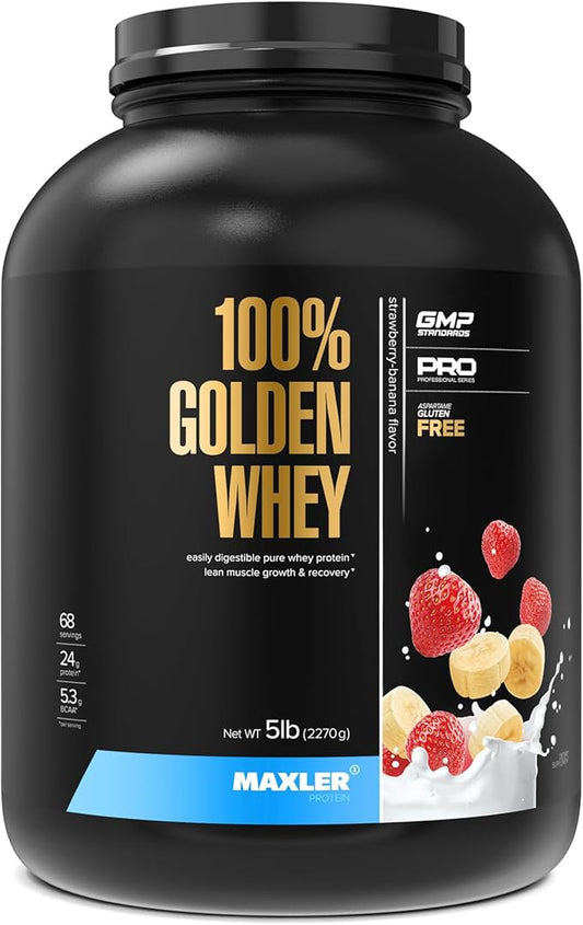 Maxler 100% Golden Whey Protein - 24g of Protein per Serving - Premium Whey Protein Powder for Pre Post Workout - Fast-Absorbing Whey Concentrate, Isolate & Hydrolysate Blend - Strawberry Banana 5 lbs
