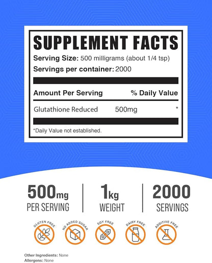 BulkSupplements.com Glutathione Reduced Powder - Glutathione Supplement, Reduced Glutathione Powder - Glutathione 500mg, Gluten Free, 500mg per Serving, 1kg (2.2 lbs) (Pack of 1)