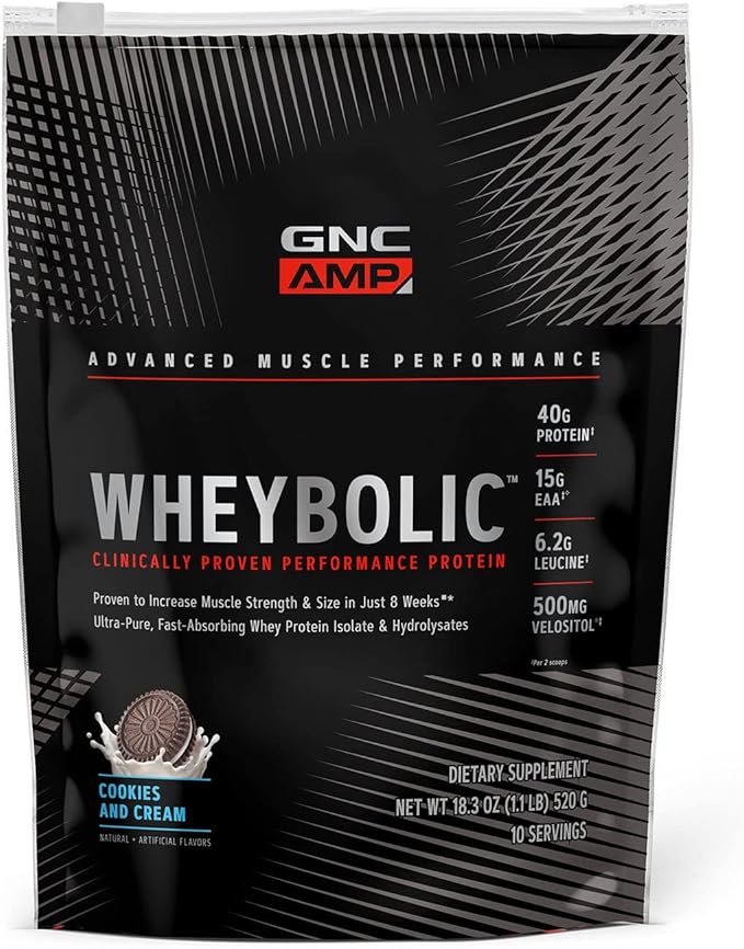 GNC AMP Wheybolic Whey Protein Powder Isolate with BCAA | Targeted Muscle Building and Workout Support Formula | Gluten Free | Cookies and Cream | 10 Servings