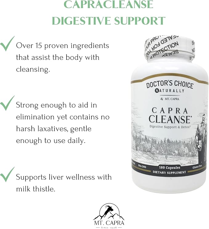 MT. CAPRA SINCE 1928 CapraCleanse | Effective Cleansing of GI Tract with All Natural & Non-GMO Ingredients | 180 Capsules