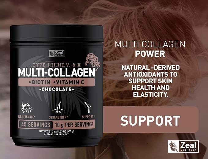 Premium Multi Collagen Peptides Protein Powder (1, 2, 3, 5 & 10) with Vitamin C, Biotin, Hyaluronic Acid, for Hair Skin and Nails - Marine, Bovine, Chicken & Eggshell (Chocolate, 45 Servings)