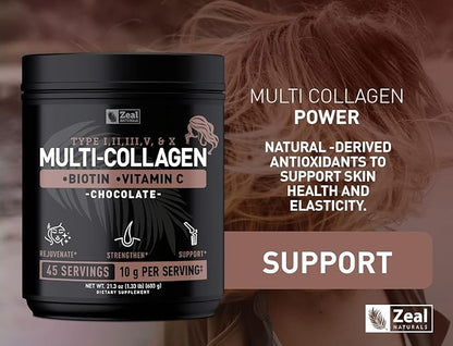 Premium Multi Collagen Peptides Protein Powder (1, 2, 3, 5 & 10) with Vitamin C, Biotin, Hyaluronic Acid, for Hair Skin and Nails - Marine, Bovine, Chicken & Eggshell (Chocolate, 45 Servings)