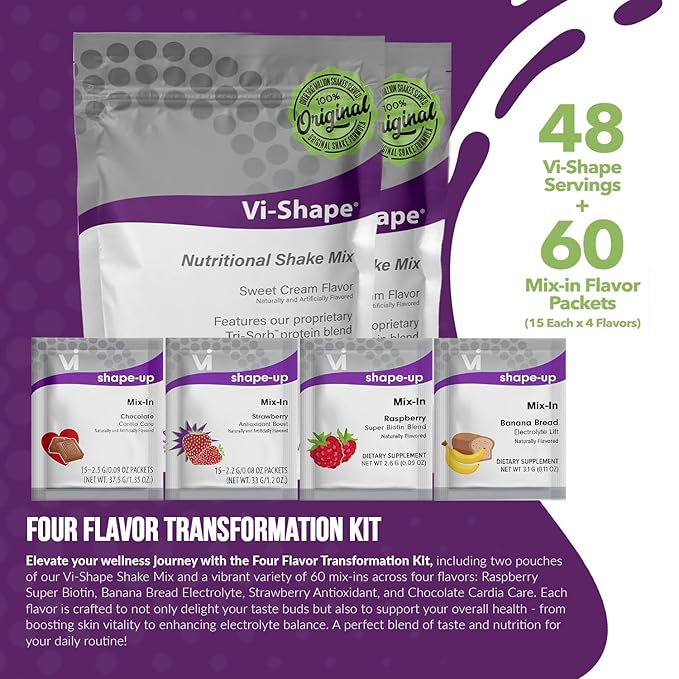 Vi-Shape Four Flavor Transformation Kit - 2 Shake Pouches (48 Servings) + 1 Box Chocolate Mix-In + 1 Box Strawberry Mix-In + 1 Box Banana Bread Mix-In + 1 Box Raspberry Mix-In