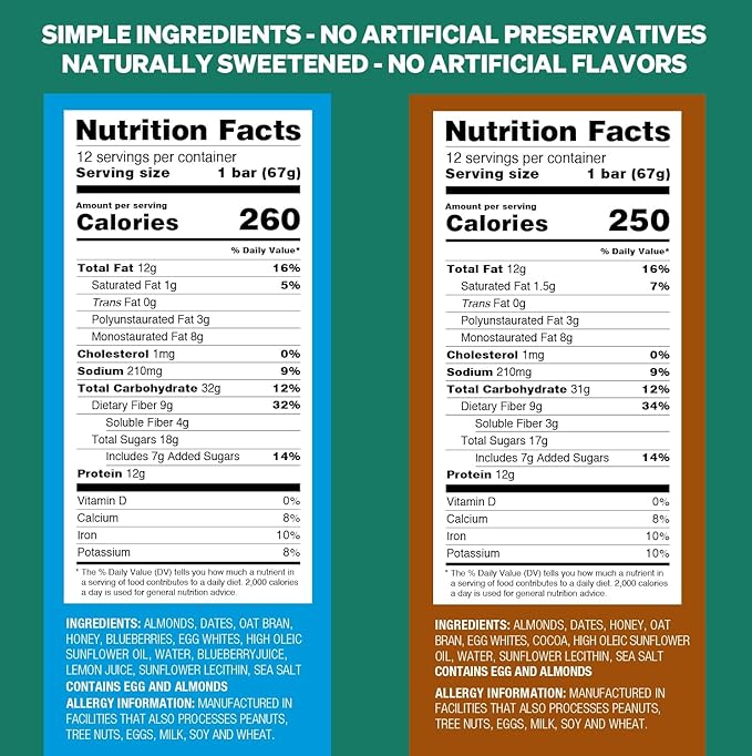 Obi Bar Sampler - Protein and Oat Fiber Bar | All Natural | Meal Bar | Heart and Gut Health | Lightly Sweet | 6 Chocolate and 6 Blueberry | Almond Chunks | Soy Free, Dairy Free | Ideal Meal Replacement Bar