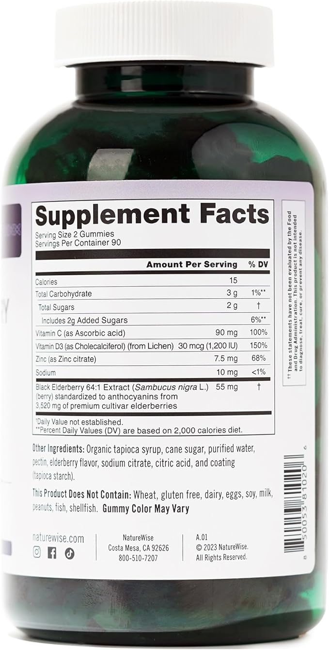 NatureWise Sambucus Elderberry Gummies - Immune Support Supplement for Kids Ages 4+ & Adults with Vitamin C, D3, Zinc - Elderberries Equivalent to 3520mg - Vegan, Non-GMO - 180 Count[90-Day Supply]
