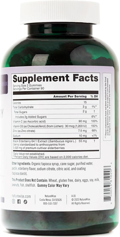 NatureWise Sambucus Elderberry Gummies - Immune Support Supplement for Kids Ages 4+ & Adults with Vitamin C, D3, Zinc - Elderberries Equivalent to 3520mg - Vegan, Non-GMO - 180 Count[90-Day Supply]