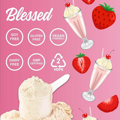Blessed Vegan Protein Powder - Plant Based Protein Powder Meal Replacement Protein Shake, 23g of Pea Protein Powder, Dairy Free, Gluten Free, Soy Free, No Sugar Added, 30 Servings (Strawberry Mylk)