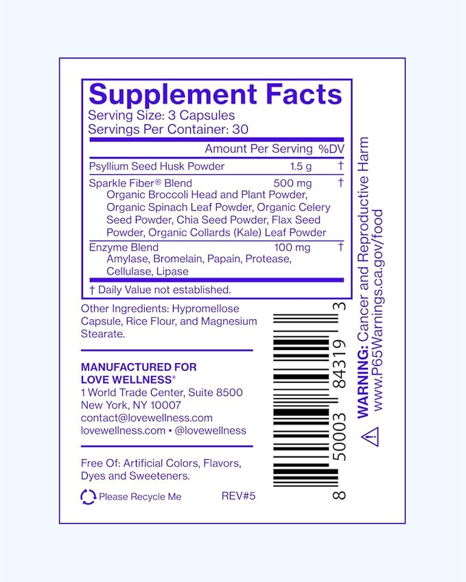 Love Wellness Sparkle Fiber | Fiber Supplement with Digestive Enzymes | Greens Superfood Powder & Psyllium Husk Powder | Promotes Gut Health for Women | Regularity & Bloating Relief | 90 Count
