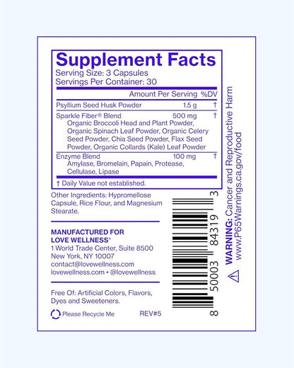 Love Wellness Sparkle Fiber | Fiber Supplement with Digestive Enzymes | Greens Superfood Powder & Psyllium Husk Powder | Promotes Gut Health for Women | Regularity & Bloating Relief | 90 Count