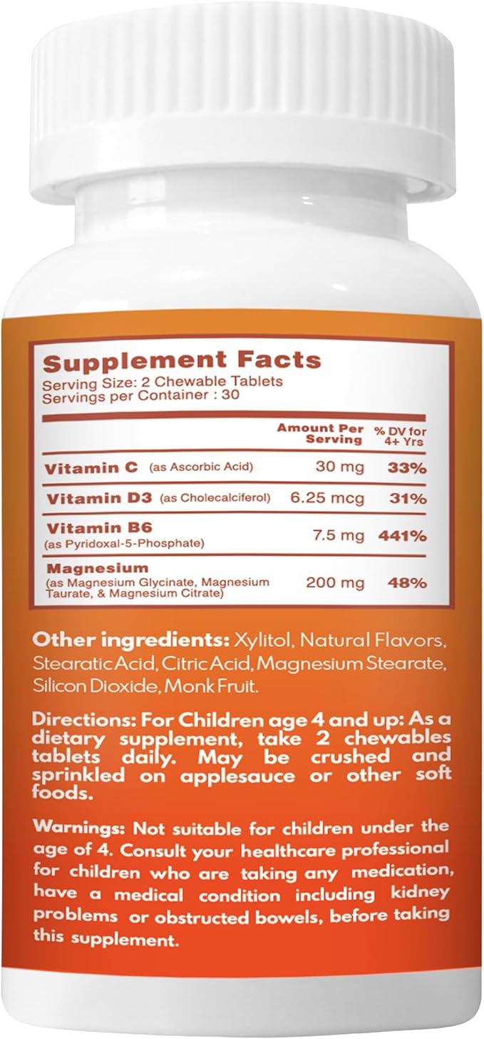 Chewable Magnesium for Kids, Relaxation and Calm Formula, Glycinate, Citrate, Taurate, Vitamin B6, D, C, Natural Vanilla Flavor, Sugar Free, Gluten Free, Non-GMO, 60 Chewable Tablets
