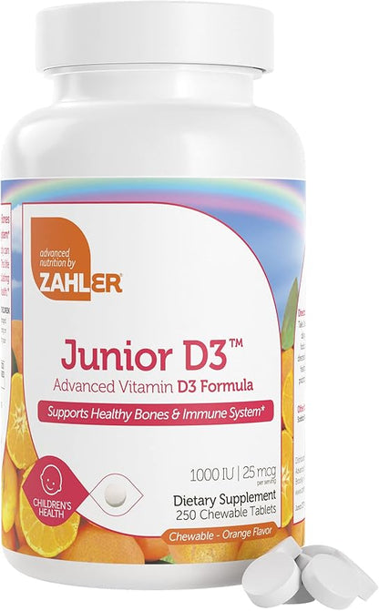 Zahler Junior D3 Vitamins 1000 IU - Chewable Vitamin D3 for Kids - Vitamin D for Kids to Support Bone, Teeth & Immune Health - Kosher Kids Vitamin D3 Orange Flavor - D3 Vitamins for Kids 250 Count.