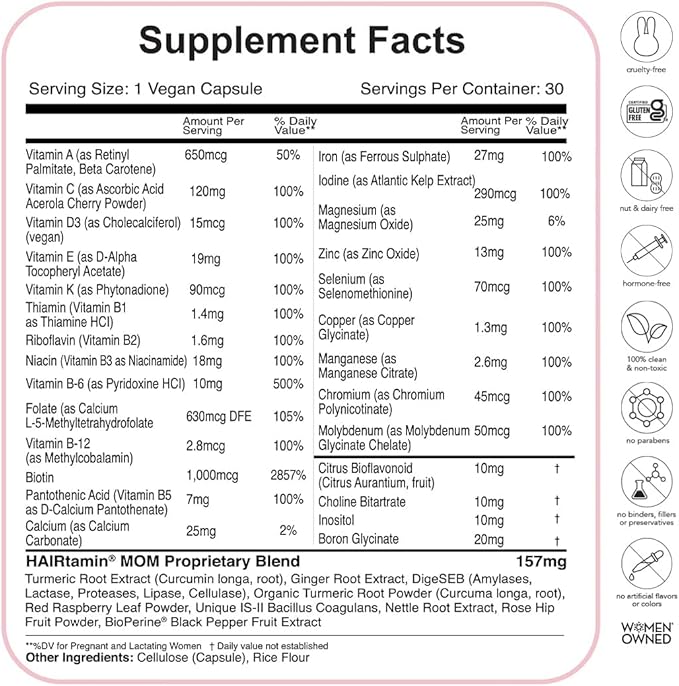 HAIRtamin MOM Vegan Prenatal & Postnatal Multivitamin Supplement & Hair Vitamin Pregnancy, Postpartum, Breastfeeding Probiotic One-a-Day Hair Vitamins with Biotin, Zinc, Iron (30 Counts)