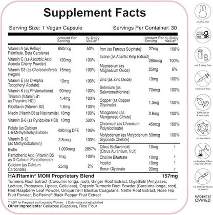 HAIRtamin MOM Vegan Prenatal & Postnatal Multivitamin Supplement & Hair Vitamin Pregnancy, Postpartum, Breastfeeding Probiotic One-a-Day Hair Vitamins with Biotin, Zinc, Iron (30 Counts)