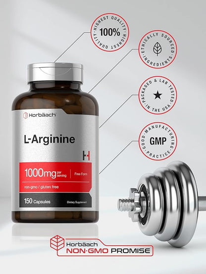 Horbäach L Arginine 1000mg Capsules | 150 Powder Pills | Free Form | Non-GMO & Gluten Free Supplement
