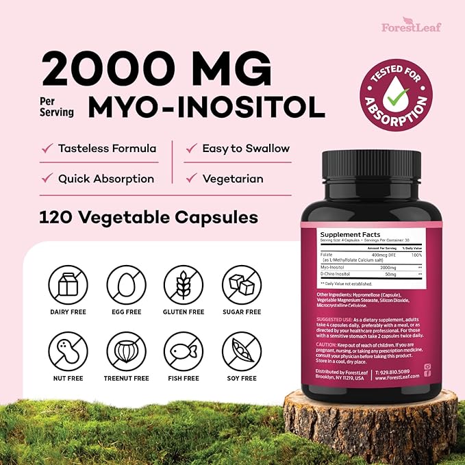 ForestLeaf Myo-Inositol & D-Chiro Inositol with Folate Supplement - 40:1 Ratio 2000mg Myo and D-Chiro Inositol Capsule